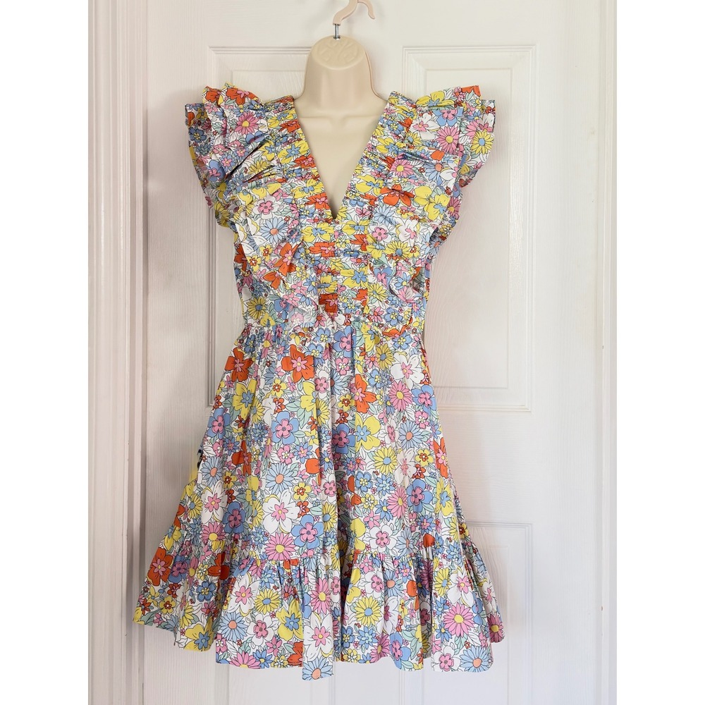 Karlie Floral Mini Dress Multi Color Ruffle V-Neck Retro Excellent